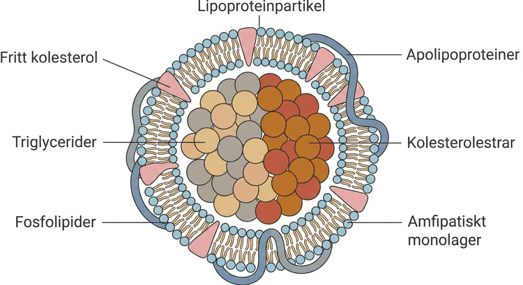 Lipoproteinpartikel med triglycerider och kolesterolestrar i kärnan samt fosfolipider, fritt kolesterol och apolipoproteiner i ytan.