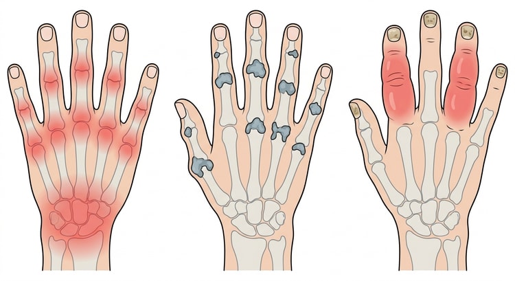 Tre händer sedda ovanifrån med skelettet synligt: den vänstra med symmetrisk inflammation i handled, knogleder och mellanleder men friska ytterleder, den mittersta med benhårda knölar på ytterleder, mellanleder och tumbas, den högra med två helt uppsvullna korvfingrar och nagelförändringar