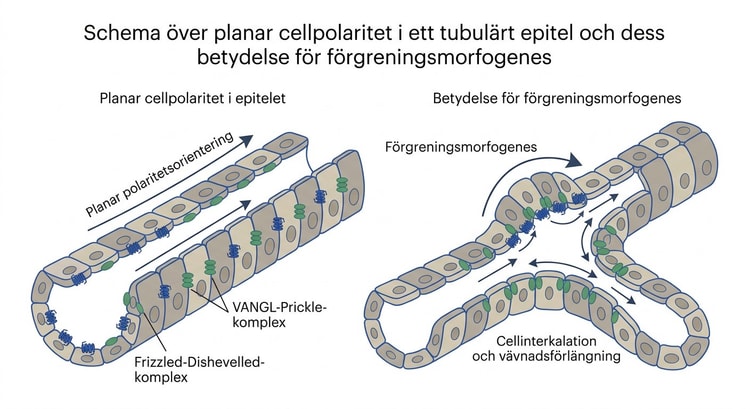 Schema över planar cellpolaritet i ett tubulärt epitel och dess betydelse för förgreningsmorfogenes.
