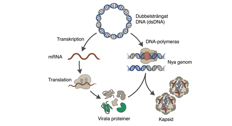 Schematisk replikation av ett dubbelsträngat DNA-virus med spanska etiketter.