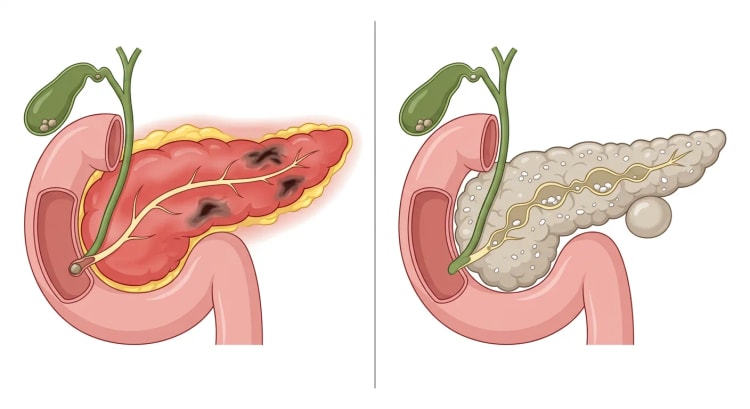 Två bilder av pankreas sida vid sida. Till vänster en svullen, rodnad pankreas med nekrotiska områden, inflammerad omgivande fettvävnad och en gallsten i papillen. Till höger en blek, fibrotisk pankreas med förkalkningar, en vidgad, pärlbandsformad pankreasgång med stenar och en pseudocysta.