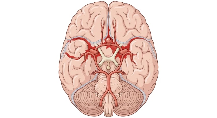 Hjärnans undersida med Willis cirkel och ett brustet säckformat aneurysm på arteria communicans anterior. Blod har spridits i de basala cisternerna och de laterala fissurerna.