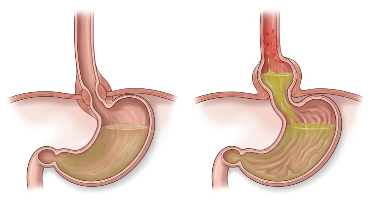 Två snittbilder av den esofagogastriska övergången: till vänster normal anatomi med nedre esofagussfinktern i nivå med diafragman, till höger ett glidande hiatusbråck med sur reflux upp i en inflammerad distal esofagus.