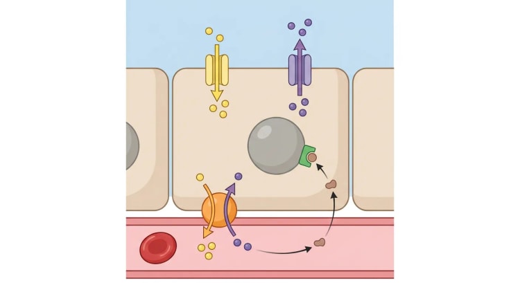 Schematisk bild av en huvudcell i samlingsröret mellan tubuluslumen och peritubulär kapillär, med natrium- och kaliumkanaler i den apikala membranen, Na-K-ATPas basolateralt och aldosteron som binder till en receptor i cellen.