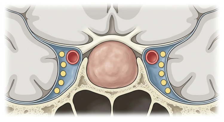 Koronalsnitt genom sella turcica med ett makroprolaktinom som växer suprasellärt och trycker chiasma opticum uppåt, med sinus cavernosus på båda sidor.