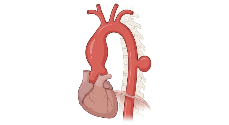 Thorakala aortan sedd från vänster med fusiformt aneurysm i aorta ascendens och sackulärt aneurysm i aorta descendens.