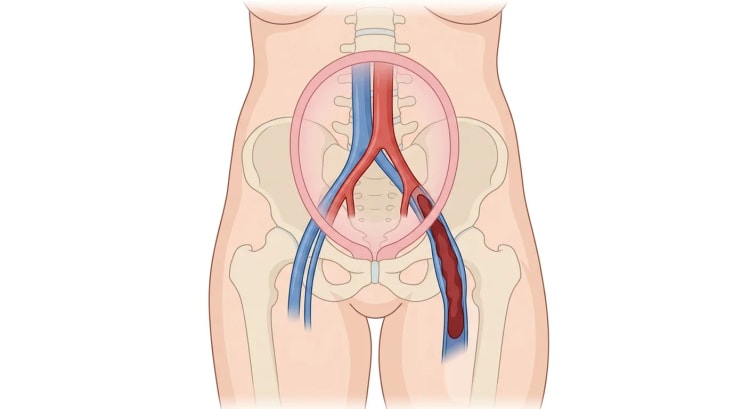 Gravid livmoder framifrån som ligger över vena cava inferior, aorta och bäckenkärlen, med en lång tromb i vänster v. iliaca externa och v. femoralis.