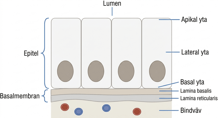 Schematisk bild av epitel, basalmembran och underliggande bindväv