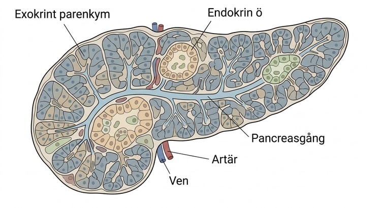 Histologiskt tvärsnitt genom pankreas med endokrina öar i exokrint parenkym