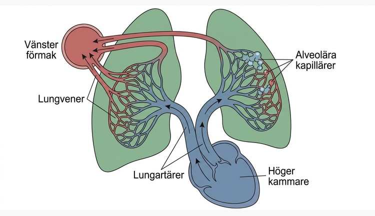 Schematisk bild av lungkretsloppet från höger kammare genom lungorna till vänster förmak