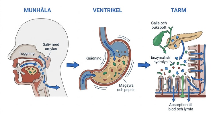 Mekanisk och kemisk digestion i munhåla, ventrikel och tarm