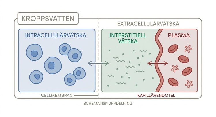 Schematisk uppdelning av kroppsvattnet i intracellulärvätska, interstitiell vätska och plasma