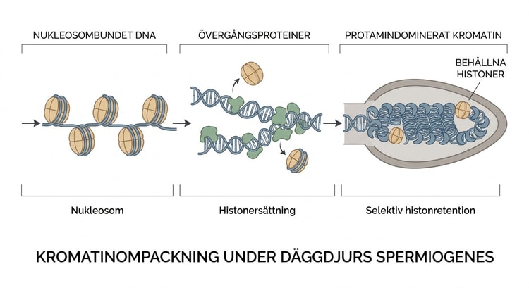 Modell över hur histoner ersätts av övergångsproteiner och protaminer samt hur vissa histoner behålls.