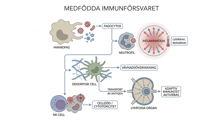 Schematisk översikt över det medfödda immunförsvarets celler och funktioner.
