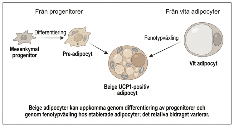 Schema över bildning av beige UCP1-positiva adipocyter från progenitorer eller vita adipocyter.