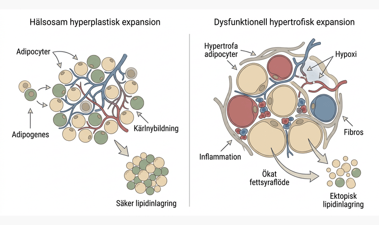 Schema över hälsosam hyperplastisk respektive dysfunktionell hypertrofisk expansion av fettvävnad.