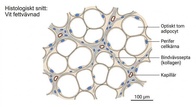 Histologiskt snitt av vit fettvävnad med stora optiskt tomma adipocyter och perifera cellkärnor.