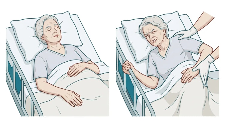 Två bilder av samma äldre kvinna i sjukhussäng. Till vänster ligger hon avslappnad med slutna ögon, till höger grimaserar hon med rynkad panna och griper om sänggrinden när vårdpersonal vänder henne.