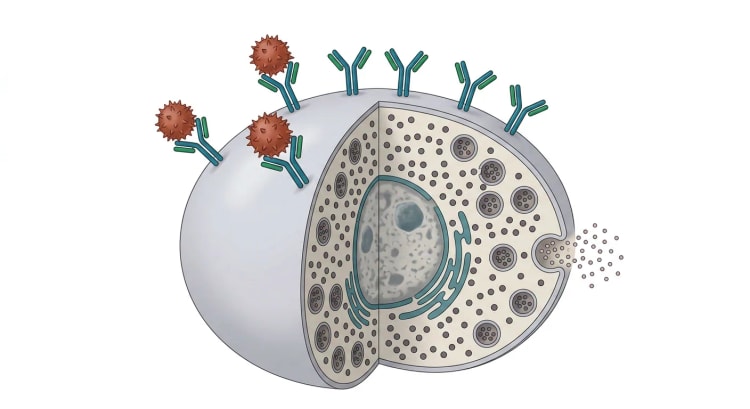 Illustration av en delvis uppskuren mastcell med Y-formade IgE-antikroppar på ytan, tre röda allergenpartiklar bundna till antikroppar uppe till vänster och granula som töms ut genom cellmembranet till höger.
