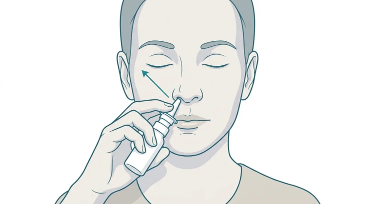 Illustration framifrån av en person som för in en nässpray i höger näsborre. En pil från sprayspetsen pekar snett uppåt och utåt mot högra ögats yttre vinkel, bort från nässkiljeväggen.