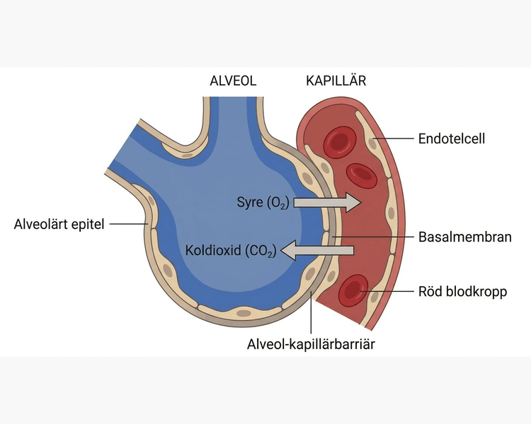 Tvärsnitt genom en alveolvägg med typ I-pneumocyter, basalmembran och kapillär