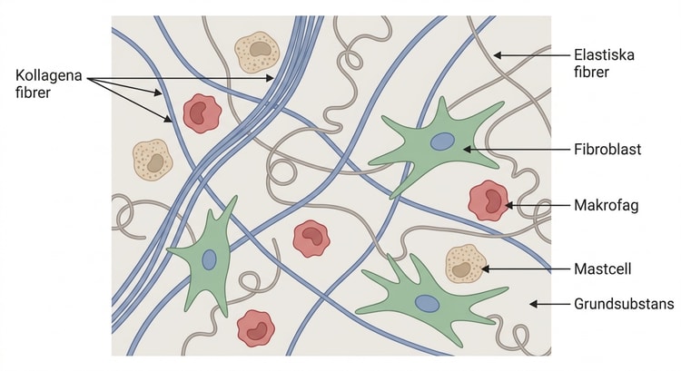 Schematisk bild av lucker bindväv med kollagena och elastiska fibrer samt spridda bindvävsceller