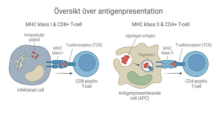 Översikt över antigenpresentation via MHC klass I och II till CD8- respektive CD4-positiva T-celler.
