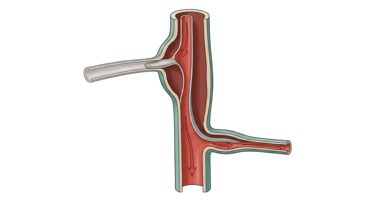 Uppskuret aortasegment i längdsnitt där en tunn dissektionsflik löper genom kärlet. Den övre sidogrenen åt vänster är blek och tom eftersom fliken pressats över dess mynning, medan den nedre sidogrenen åt höger genomkorsas av fliken, som fortsätter in i grenen och förtränger den inifrån så att bara en smal blodström återstår.