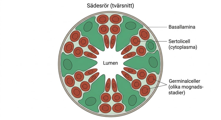 Mikroskopisk tredimensionell bild av Sertoliceller och germinalceller i ett sädesrör från vuxen mus.