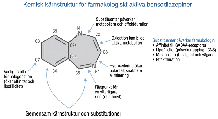 Kemisk kärnstruktur för farmakologiskt aktiva bensodiazepiner
