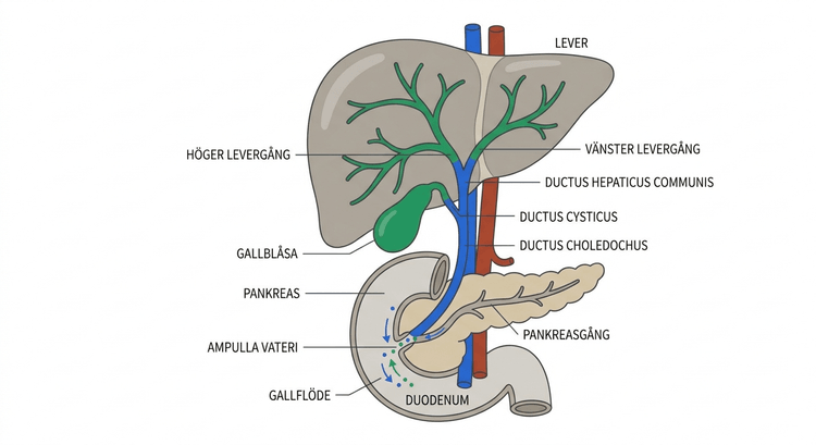 Schematisk bild av lever, gallblåsa, intra- och extrahepatiska gallgångar, pankreasgång och duodenum.