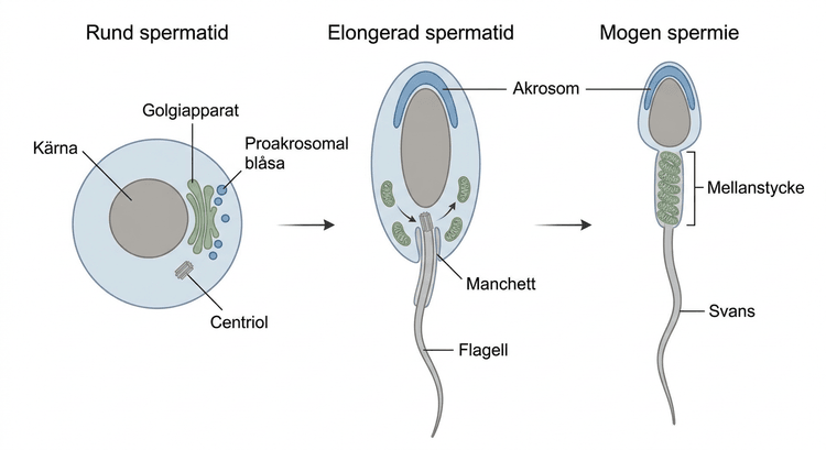 Schema över akrosombildning, kärnelongering, flagellutveckling och mitokondrieomlagring under spermiogenesen.