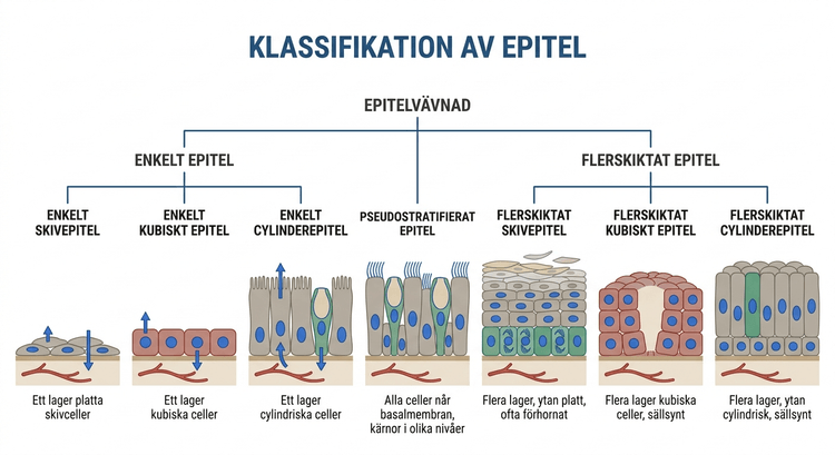 Schematisk klassifikation av enkelt, pseudostratifierat och flerskiktat epitel med skive-, kubiska och cylindriska celler