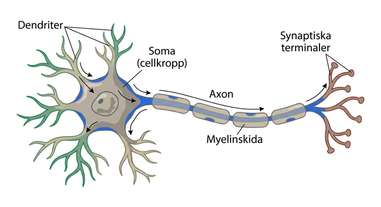 Schematisk nervcell med dendriter, soma, axon, myelin och terminaler