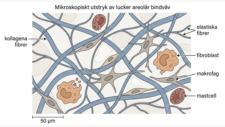 Mikroskopiskt utstryk av lucker areolär bindväv med glest ordnade fibrer och spridda cellkärnor