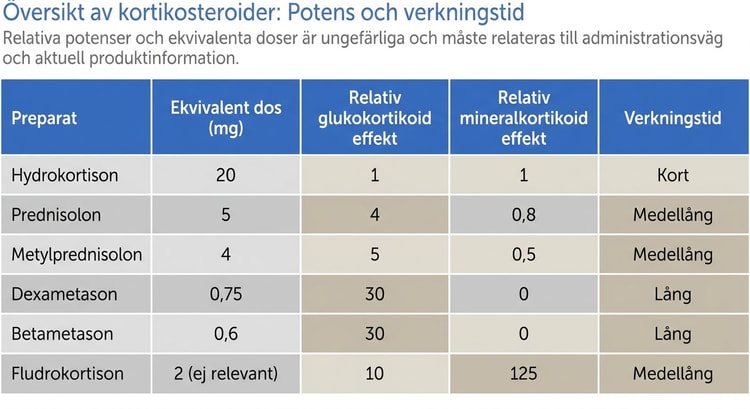 Tabell som jämför vanliga kortikosteroider med avseende på potens och verkningstid.