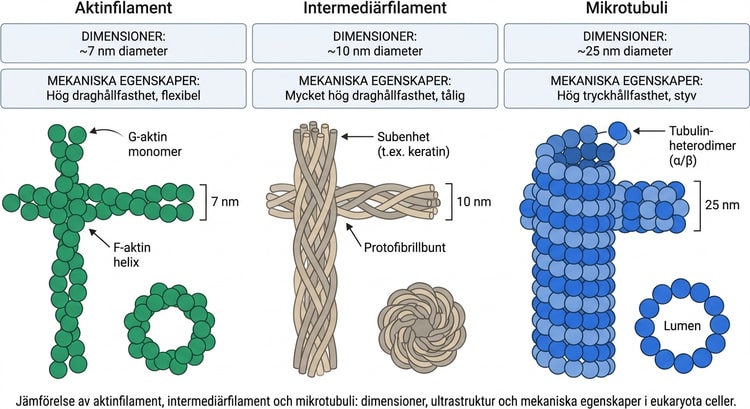 Jämförelse av aktinfilament, intermediärfilament och mikrotubuli