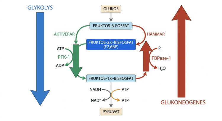 Reglering av leverns glykolys och glukoneogenes genom fruktos-2,6-bisfosfat