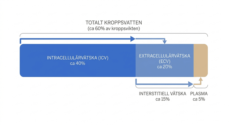Relativa volymer av totalt kroppsvatten, intracellulärvätska, interstitiell vätska och plasma hos en vuxen man