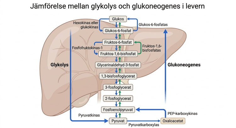 Jämförelse mellan glykolys och glukoneogenes i levern