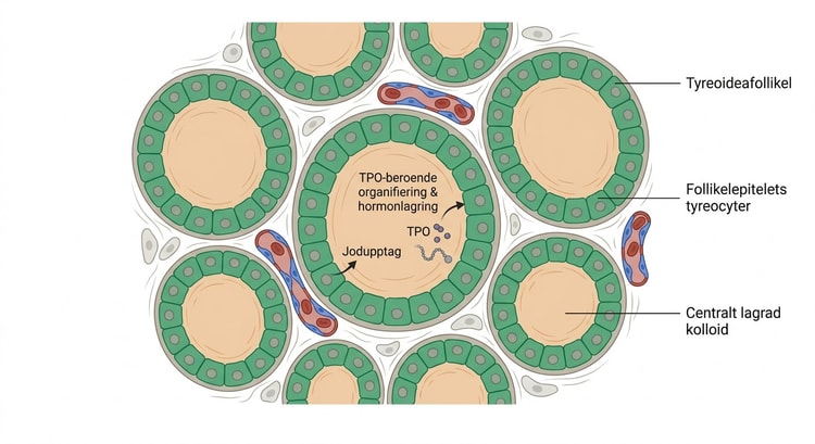 Histologisk bild av tyreoideafolliklar klädda av tyreocyter och fyllda med kolloid