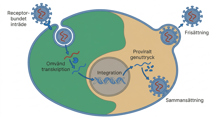 Schematisk livscykel för ett retrovirus från inträde till avknoppning
