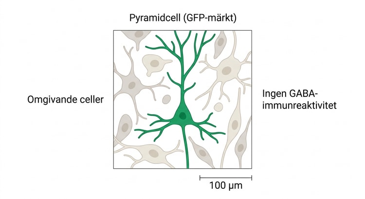 Konfokalbild av en GFP-märkt pyramidcell utan GABA-immunreaktivitet