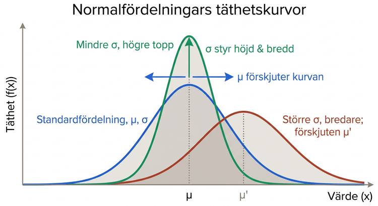 Normalfördelningars täthetskurvor med olika medelvärden och standardavvikelser