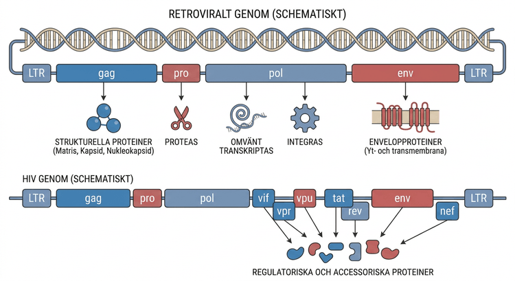 Schematisk retroviral genomorganisation med LTR, gag, pro, pol och env