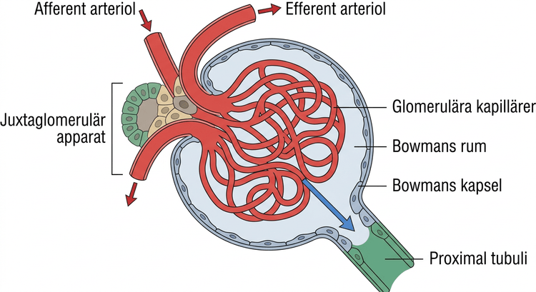 Schematisk bild av glomerulus, Bowmans kapsel och det juxtaglomerulära området.