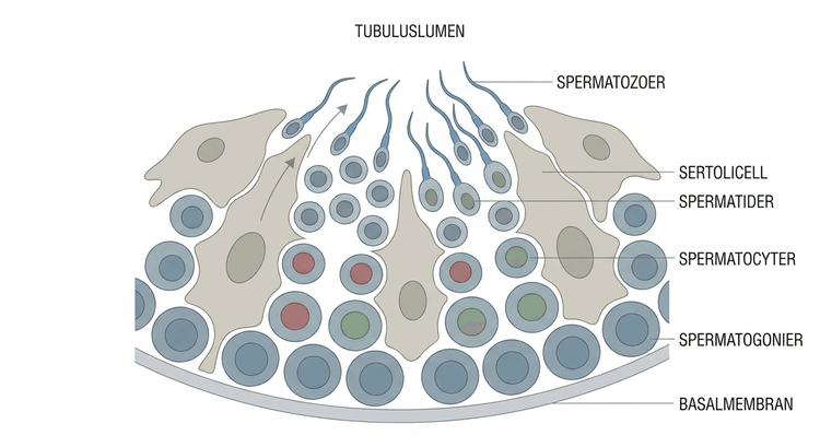 Schematisk framställning av spermatogonier, spermatocyter, spermatider och spermatozoer i ett sädesrör.