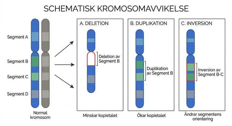 Schematisk kromosom med deletion, duplikation och inversion av markerade segment.