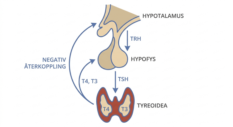 Schema över hypotalamus, hypofys och tyreoidea med TRH, TSH, T4, T3 och negativ återkoppling