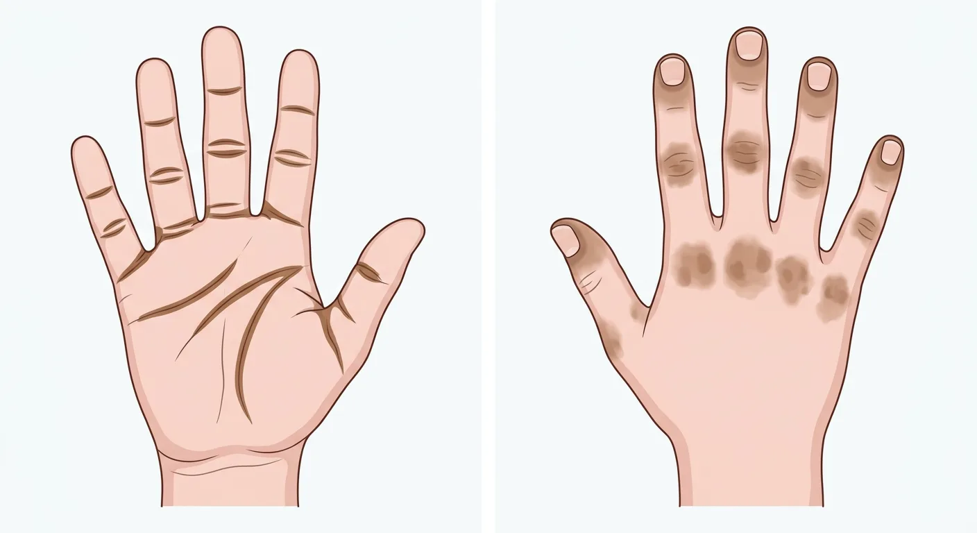 Höger hand sedd från handflatan med brunpigmenterade böjfåror och från handryggen med brun pigmentering över knogarna och kring nagelbanden.